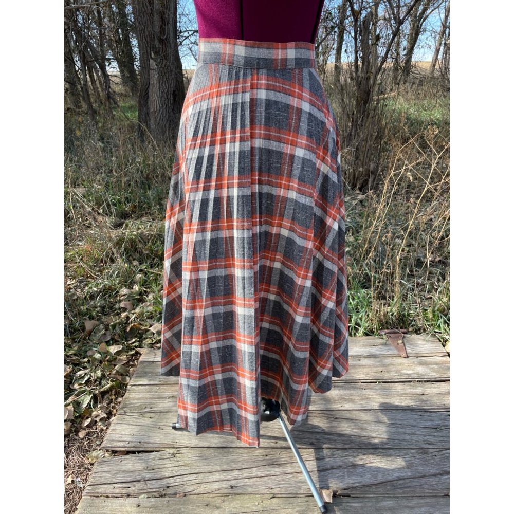 Vintage 1970s Wool Blend Plaid Pleated Skirt Gray Orange Size M - Picture 2 of 11